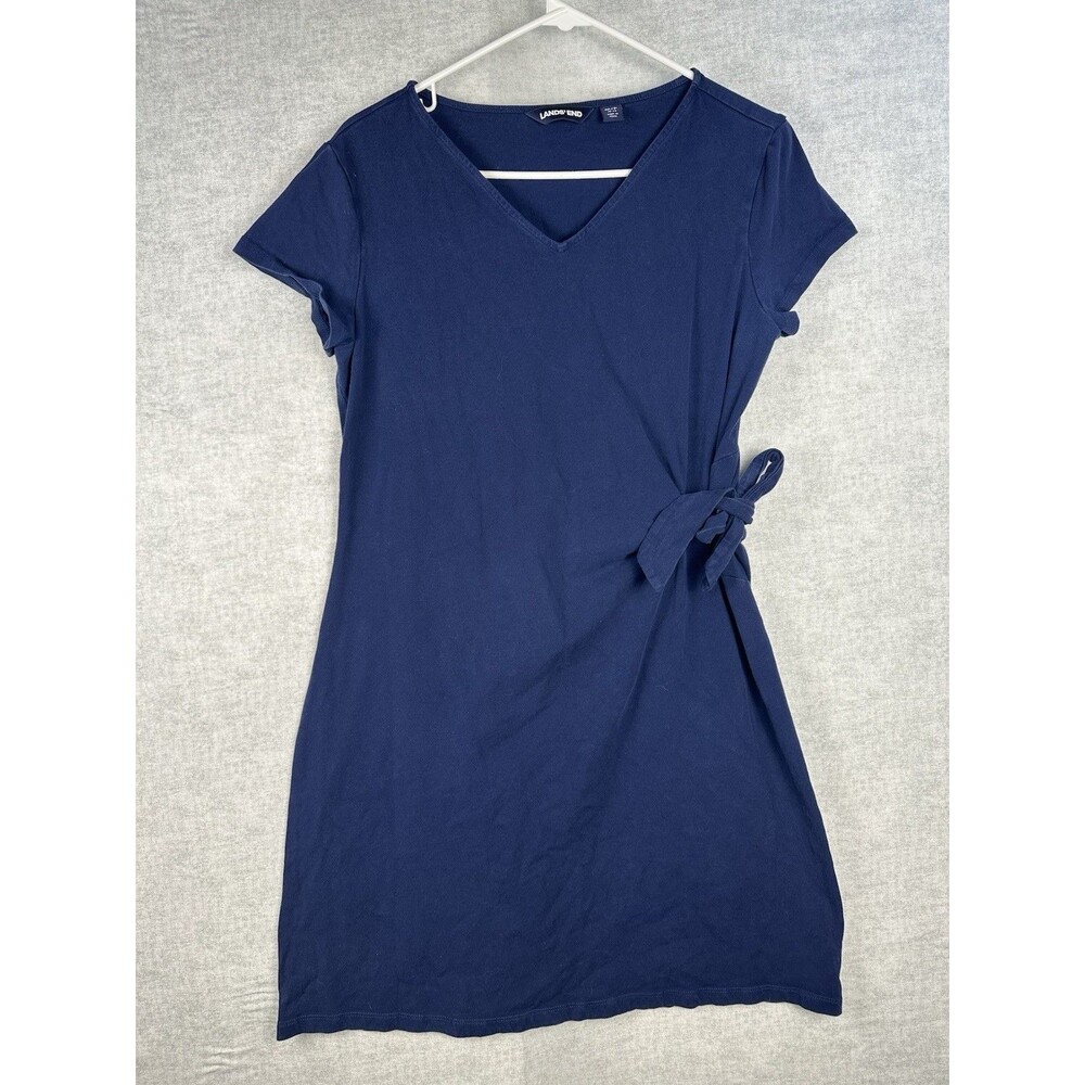 Lands End Petite Women’s Side Tie Navy Blue Dress Cotton Spandex Short Sleeve PM